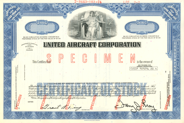 United Aircraft Corporation - Stock Certificate